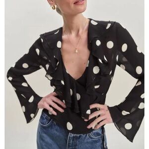 NWT Reformation Kilah V-Neck Wrap Ruffle Top in Moon Polka Dot Black White 2